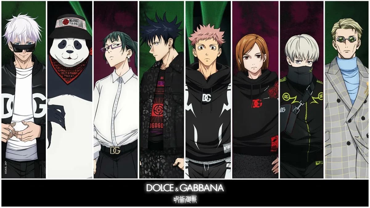 Lineup illustration of Jujutsu Kaisen characters wearing Dolce & Gabbana outfits, from tailored jackets to hoodies, each styled with DG logos.