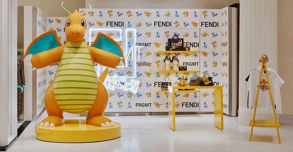 A large Dragonite statue stands in front of a FENDI × FRGMT × Pokémon pop-up wall covered in dragon-type Pokémon graphics and FENDI logos.