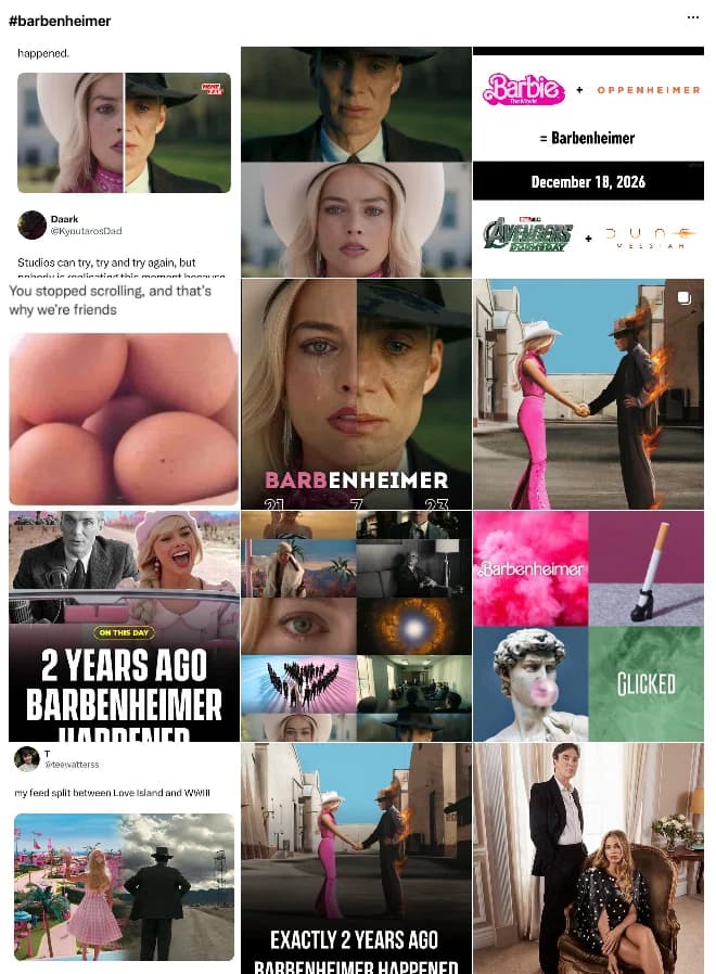 Barbie と Oppenheimer を組み合わせたファンメイドのミーム投稿のコラージュ。