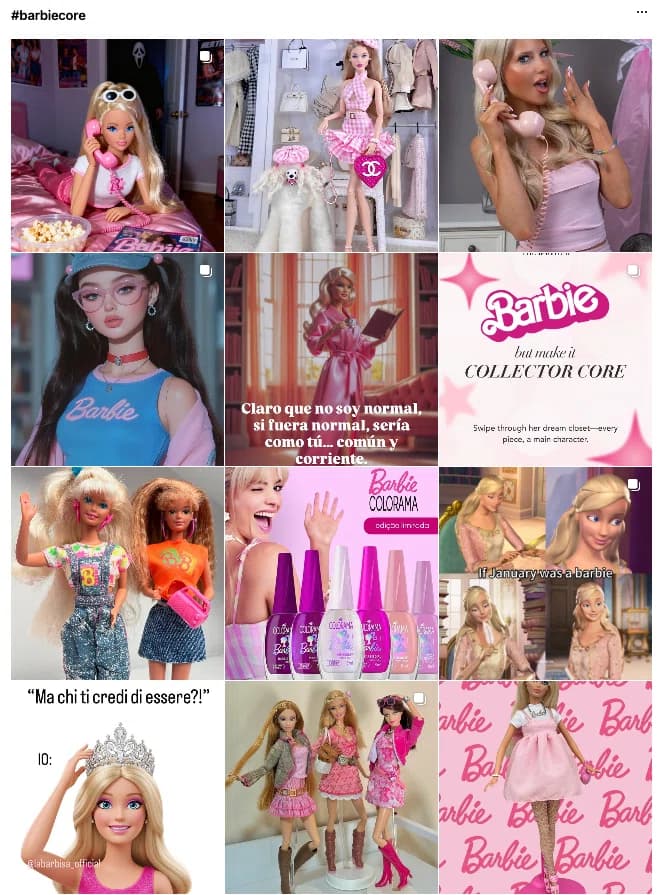 #Barbiecore のハッシュタグで投稿されたピンクコーデやバービー関連写真のコラージュ。