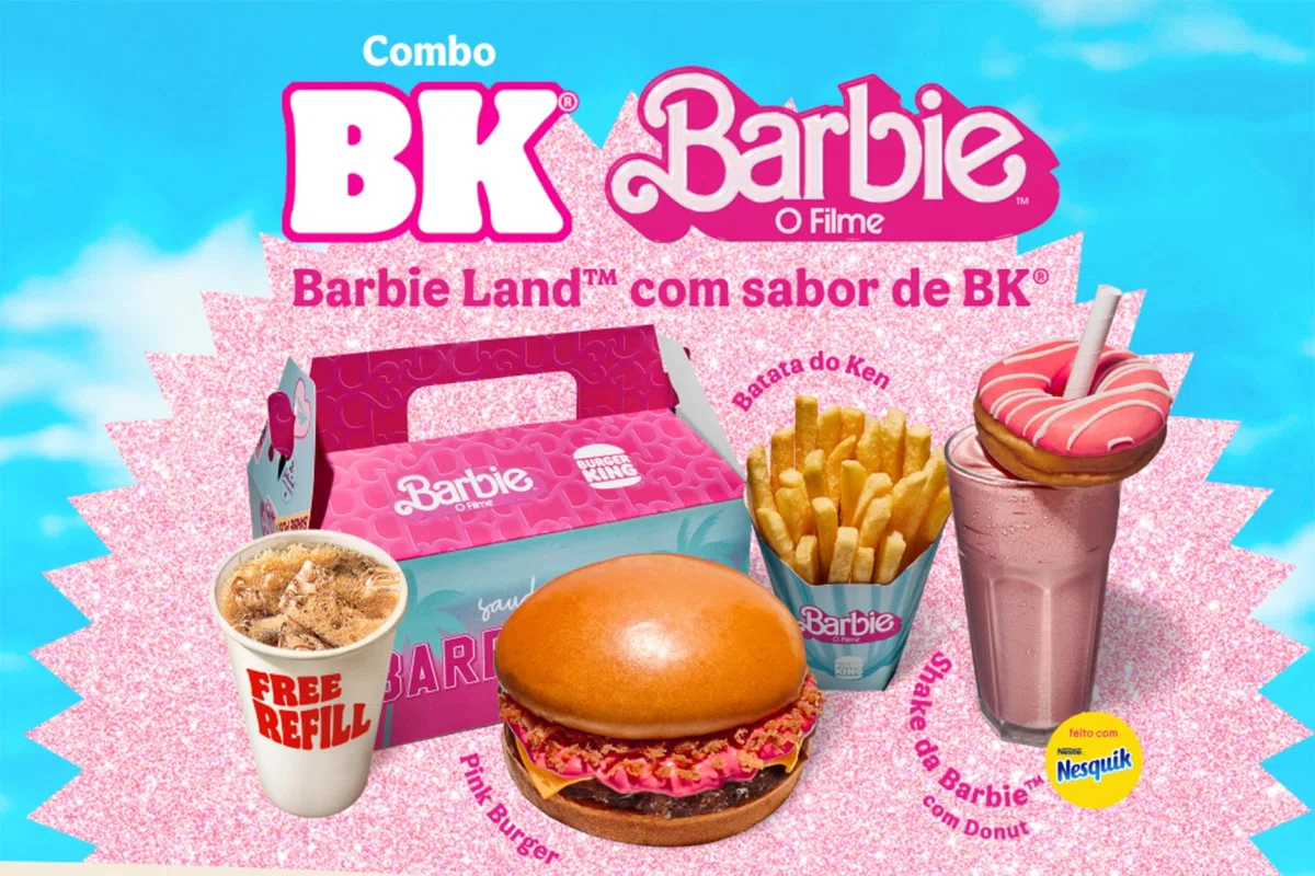 Limited-edition Barbie Land™ meal from Burger King featuring a pink burger, fries, milkshake, and donut in Barbie-themed packaging.