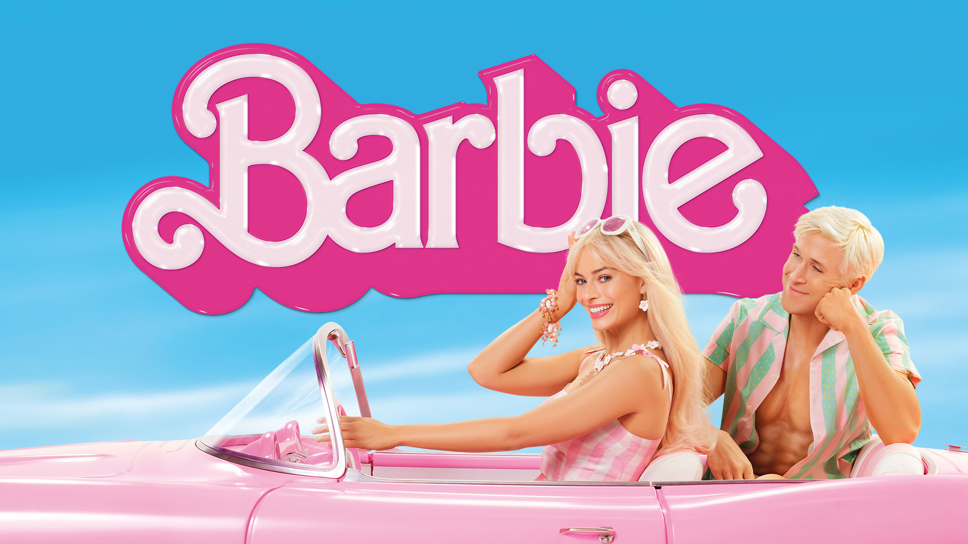 Barbie and Ken sitting in a pink convertible under a bright blue sky, with the iconic Barbie logo behind them.
