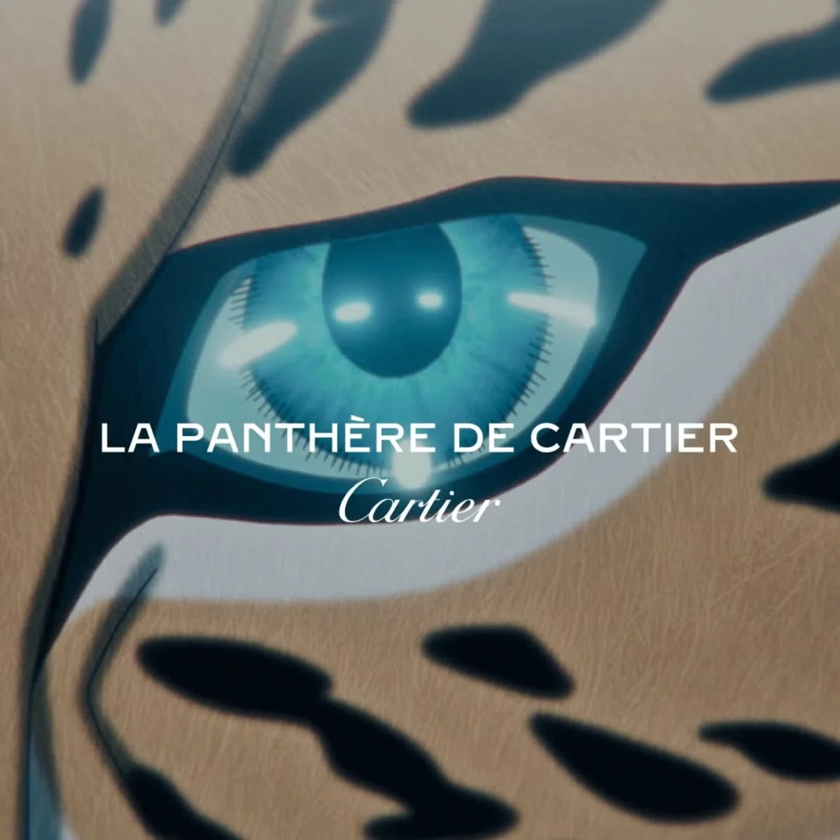 Close-up anime still of Cartier’s Panthère character leaping across an urban nightscape, with a glowing blue eye and refined jewelry details.