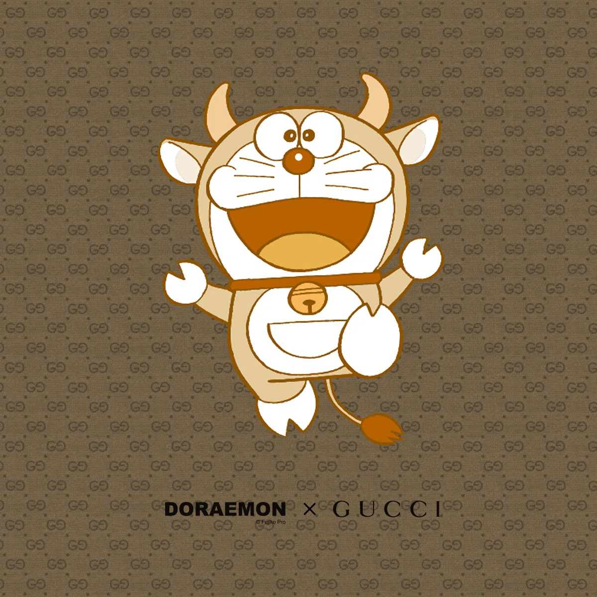 Illustration of Doraemon in a Year-of-the-Ox costume jumping on a beige GG monogram background with the logos of Doraemon and Gucci below.