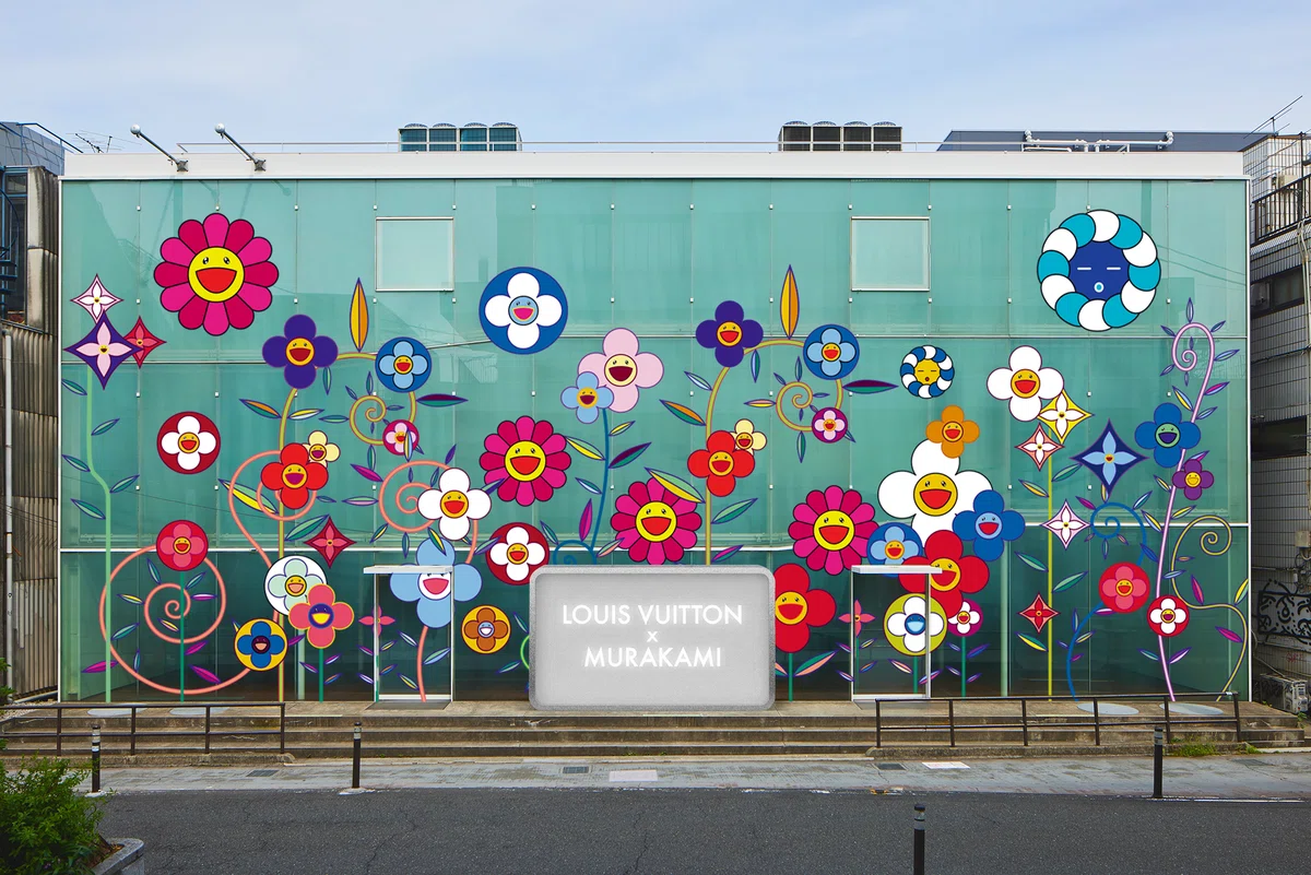 Takashi Murakami and Louis Vuitton collaboration pop-up in Harajuku with colorful flower motifs and branded displays.