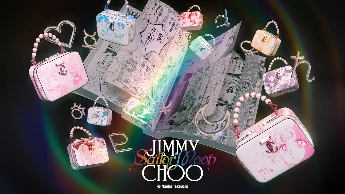 Array of JIMMY CHOO × Pretty Guardian Sailor Moon mini bags and accessories floating over an open manga spread with rainbow light effects.
