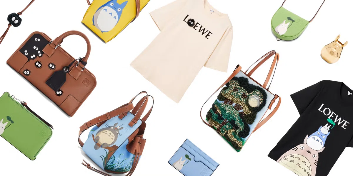 LOEWE x My Neighbor Totoro leather bags, wallets and T-shirts with Totoro and soot sprite motifs laid out on a white background.