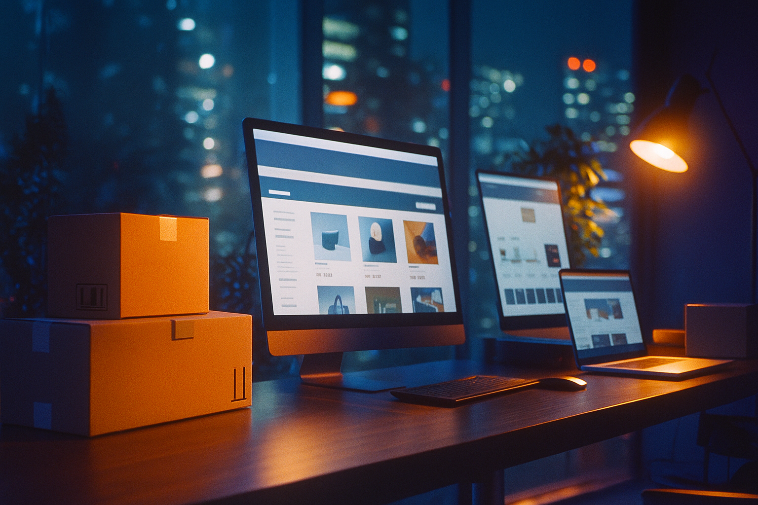 Marketplace hero images and JP product pages on mobile; fulfillment totes in a Tokyo warehouse