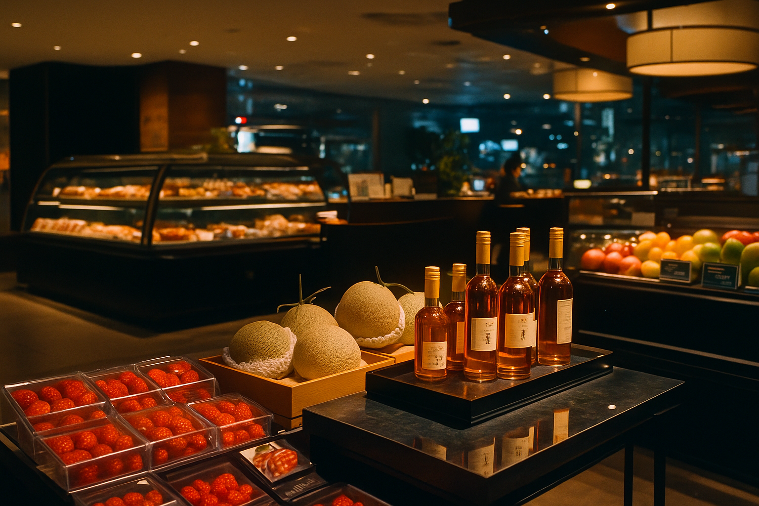 Department store food hall sampling counter and premium grocery endcaps in Tokyo
